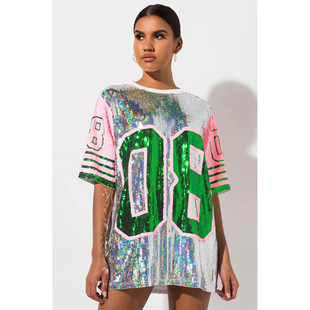 Women Plus Size T-Shirt Dress Glitter Sequin Jersey Letter 08 Print Loose O Neck Hippy Hip Hop Bling Long Tee Tops For Ladies