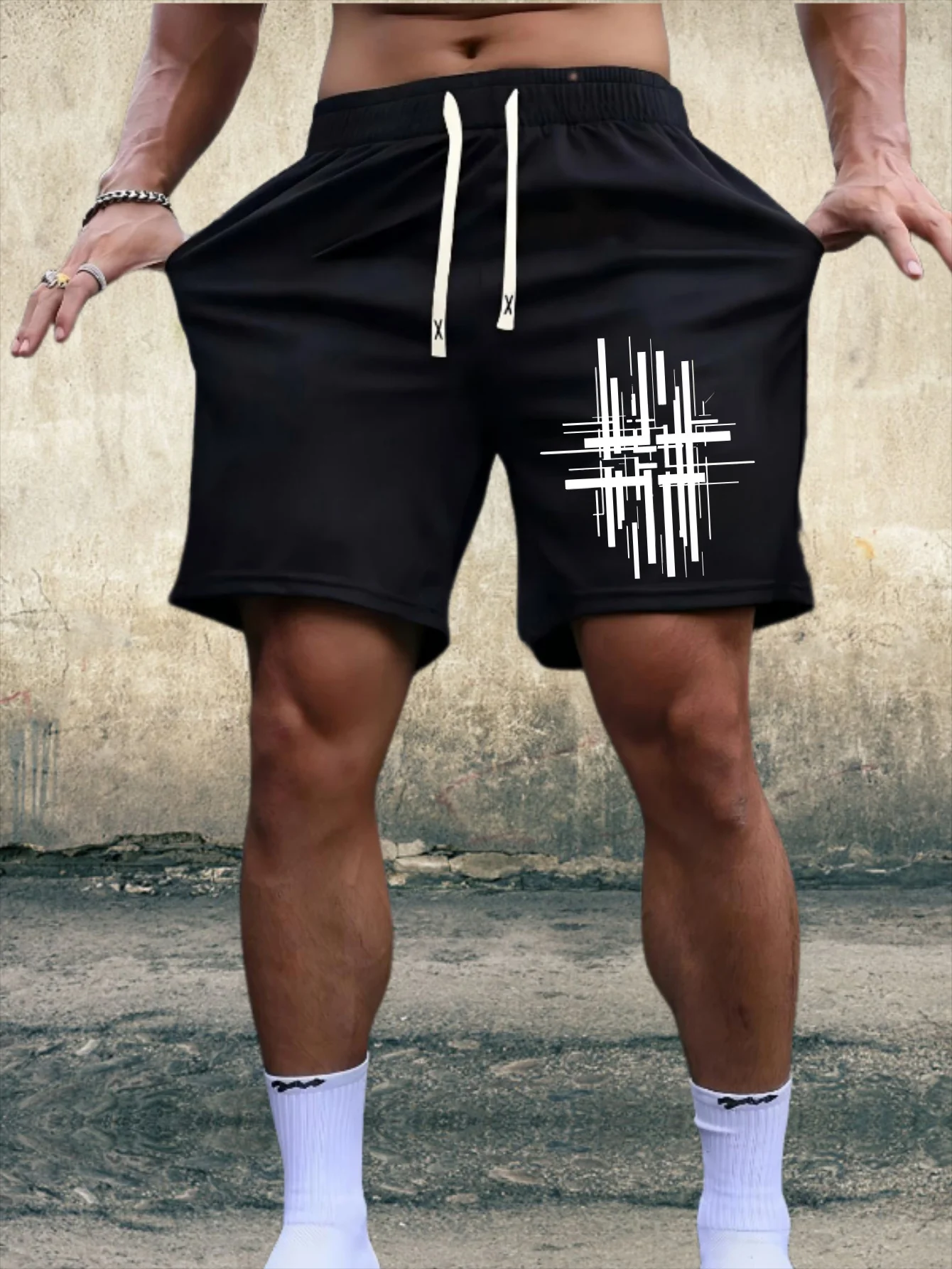 Abstract Geometric Line Pattern Printed Men's Shorts, Summer Casual Home Outdoor Jogging Breathable Printed Underwear