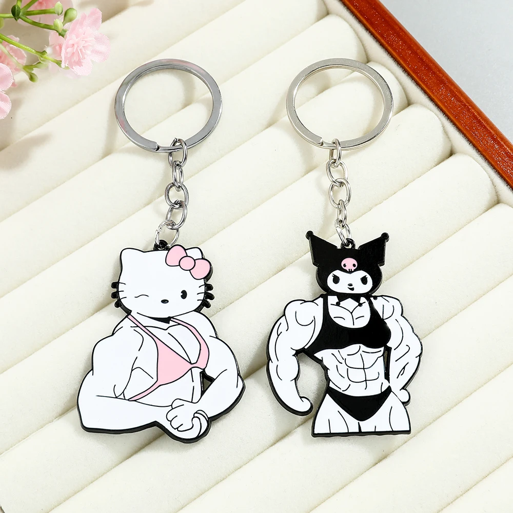 Funny Anime Muscle Enamel Metal Pendant Keychain KT Cat Kawaii Girls Keyring Fitness Macho  Backpack Toy Jewelry Gifts