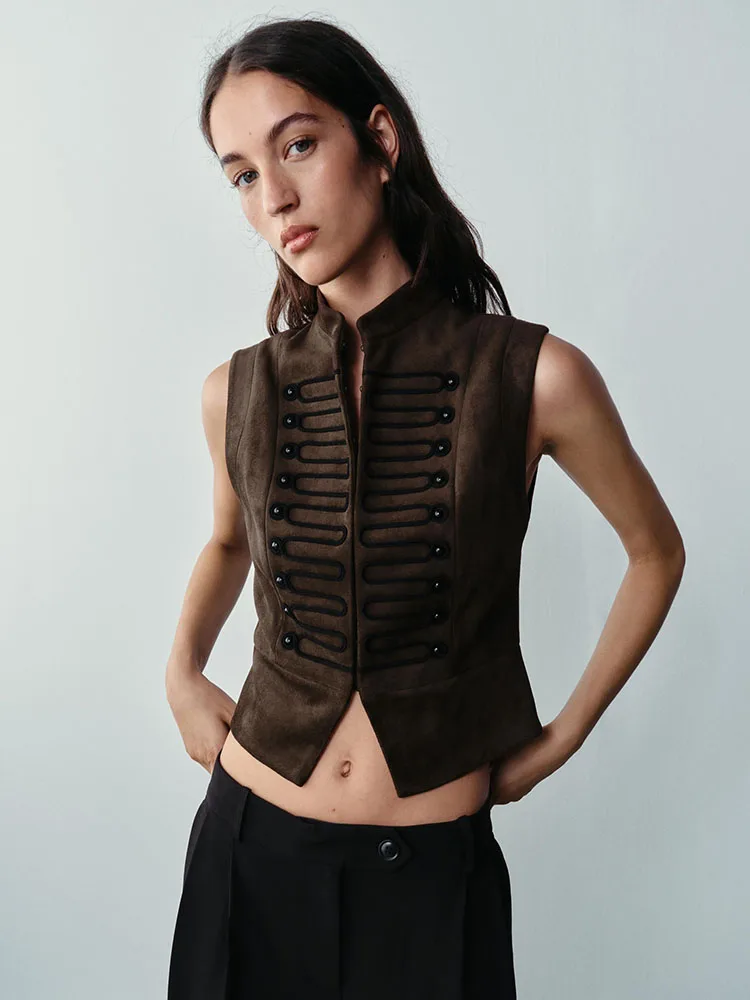 Autumn 2026 Women's Velvet Texture Vest Top Stand Collar Rope Knot Decoration Daily Wear Polyester Fiber Youth Fashion