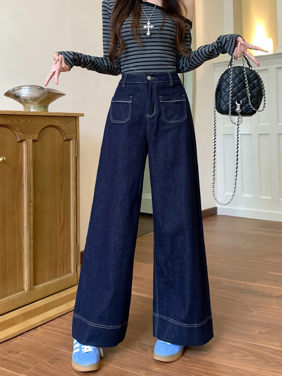 

Темно-синие широкие джинсы с высокой талией, женские свободные брюки больших размеров, свободные брюки прямого кроя, повседневная сцена