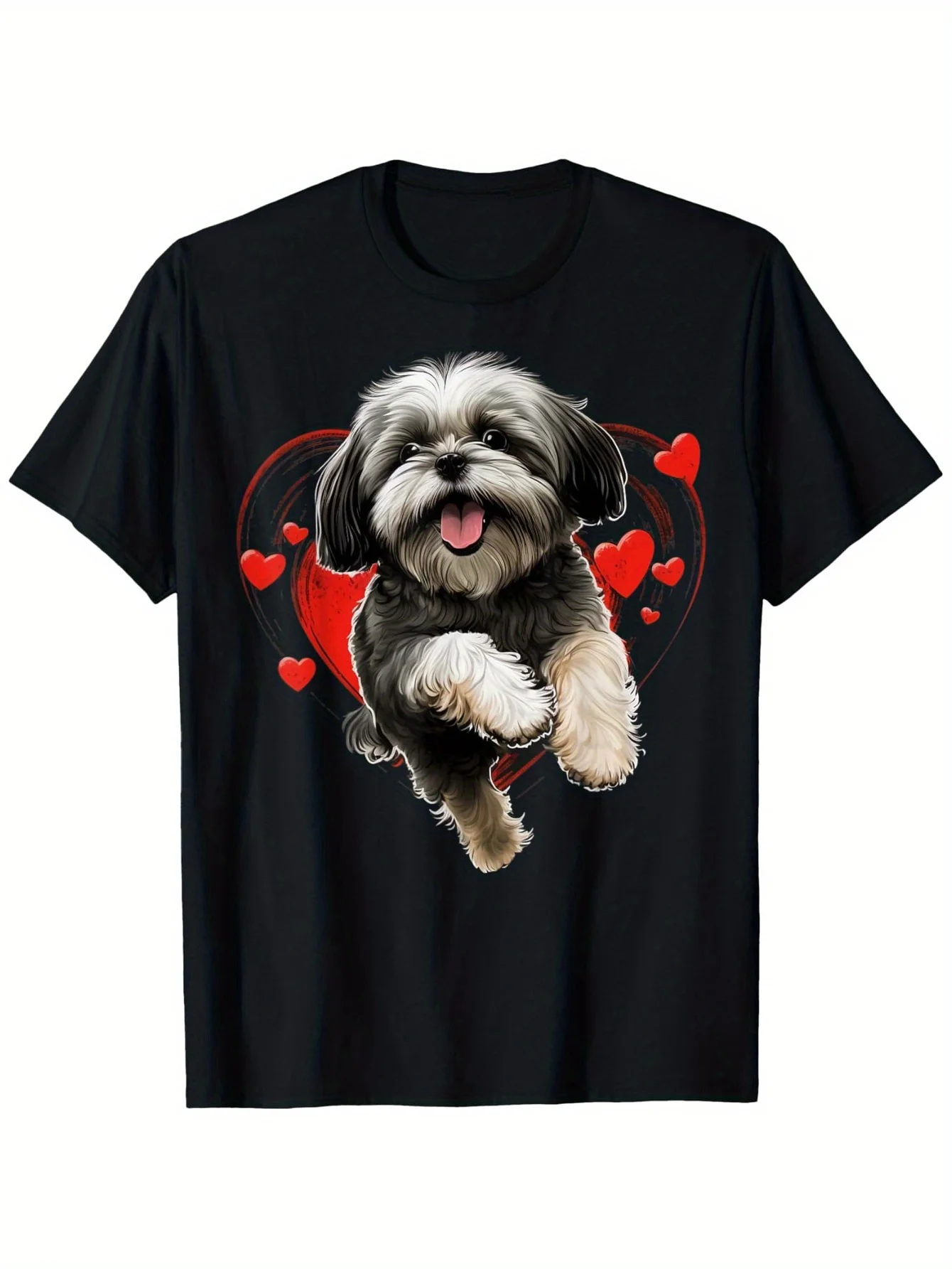 Shih Tzu Love Heart Cotton Tee - Soft & Breathable Short Sleeve Crew Neck Shirt for Men, Perfect Gift for Valentine's Day, Hallo