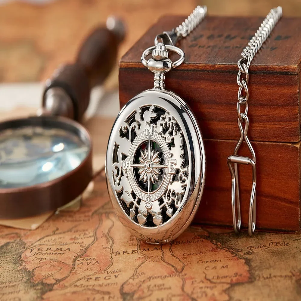 Practical Punk Compass Pocket Watch Clamshell Alloy Gold Case Necklace Pendant Glass Clock Chain