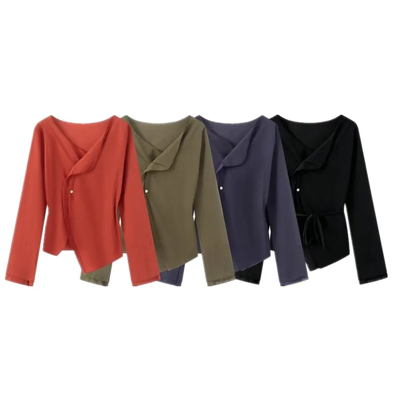 

Retro Style Loose Fit Casual Shirt Women's Design Sense Summer 2026 Waist Belted Long Sleeve Shirt Ladies Fashion