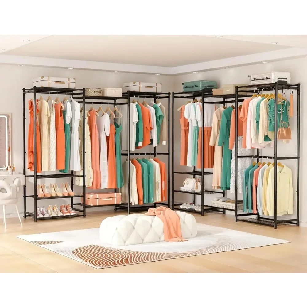 Wardrobe Closet Heavy Duty Clothes Rack, Portable Closet Organizer System with 4 Hang Rods & 8 Shelves