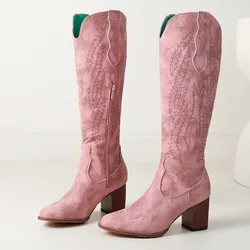 Rider Boots Pink Western cowboy boots pointed mid-calf boots Embroidered embroidered large heel leather boots for women