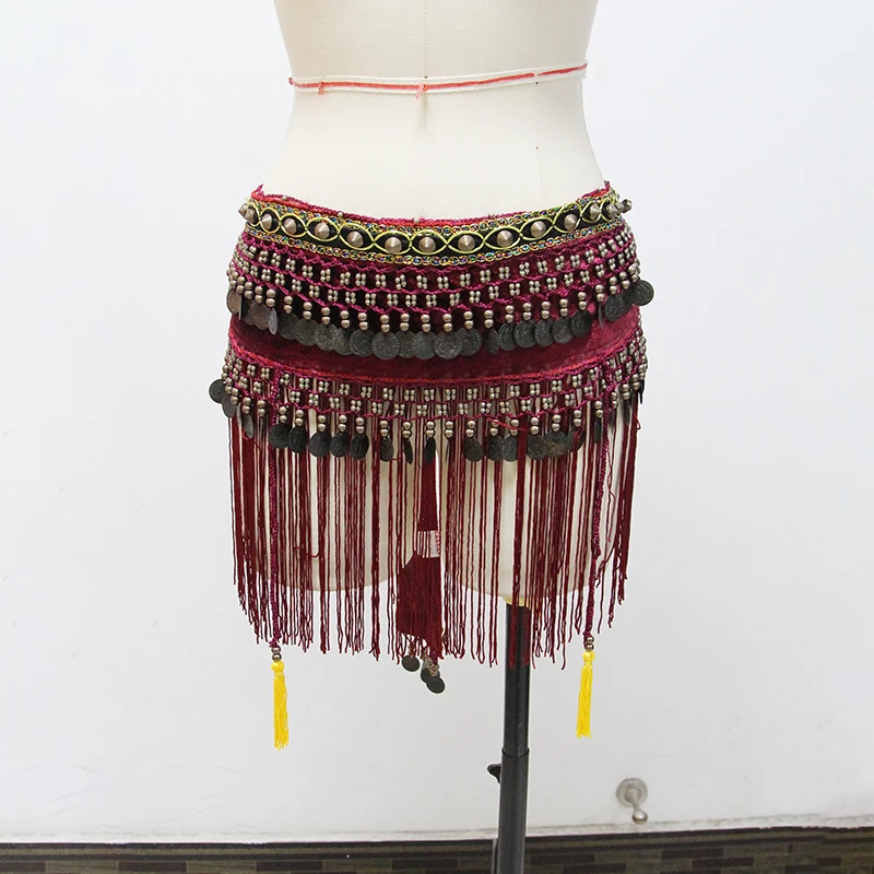 Pas do tańca brzucha z monetami, kostium tribal, frędzle, cekiny, łańcuszek na talię, akcesoria dla tancerki orientalnej/indyjskiej