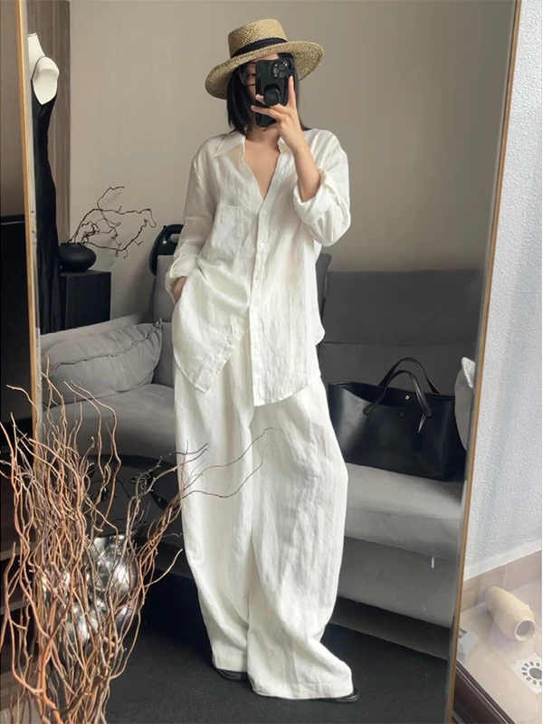 

Летний повседневный комплект из хлопка и льна: свободная рубашка с длинным рукавом и брюки, женский модный костюм-двойка, рабочая одежда