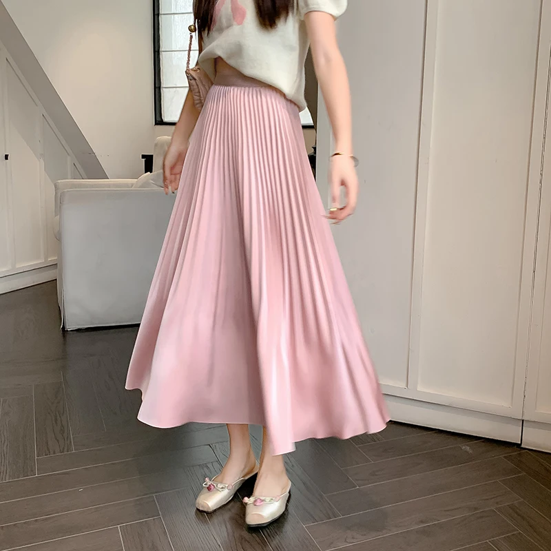 

Elegant Women's Skirts High Elastic Waist Silk Satin A-line Skirt Lady Solid Color Pleated Long Skirts for Women Fashion 2024