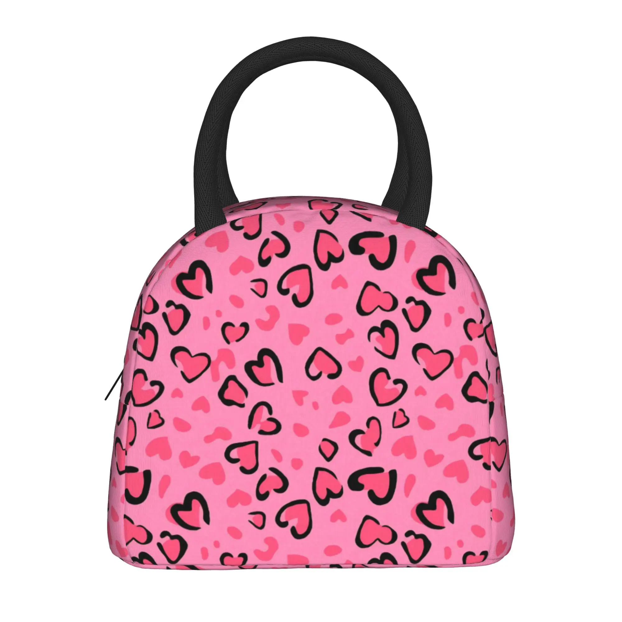 Leopard print Heart Insulated Lunch Bag for Men Women Valentines Day Food Portable Thermal Cooler Lunch Box For School Office