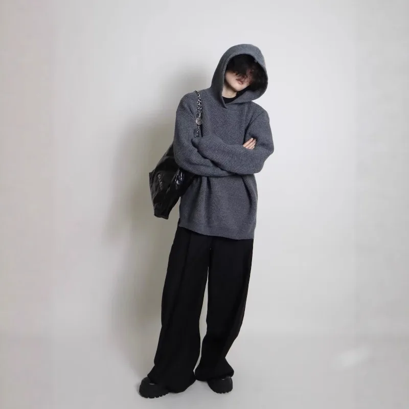 2026 Autumn Winter Simple Solid Color Knitted Men's Hoodie Tops Korean Fashion Casual Loose Hooded Sweatshirt Coats Streetwear