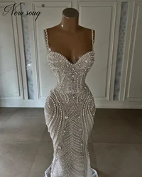 Spaghetti Straps White Mermaid Evening Dresses Handmade Beaded Crystals Wedding Party Dress Arabic Dubai Women Prom Dress Robes