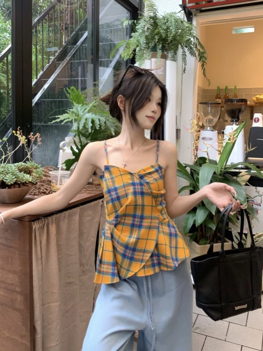 

Slim Fit ort Tank Top Women's Korean Sle Plaid Side Pleated Waist Cinching Bateau Ne Svel Trendy Commute Sle