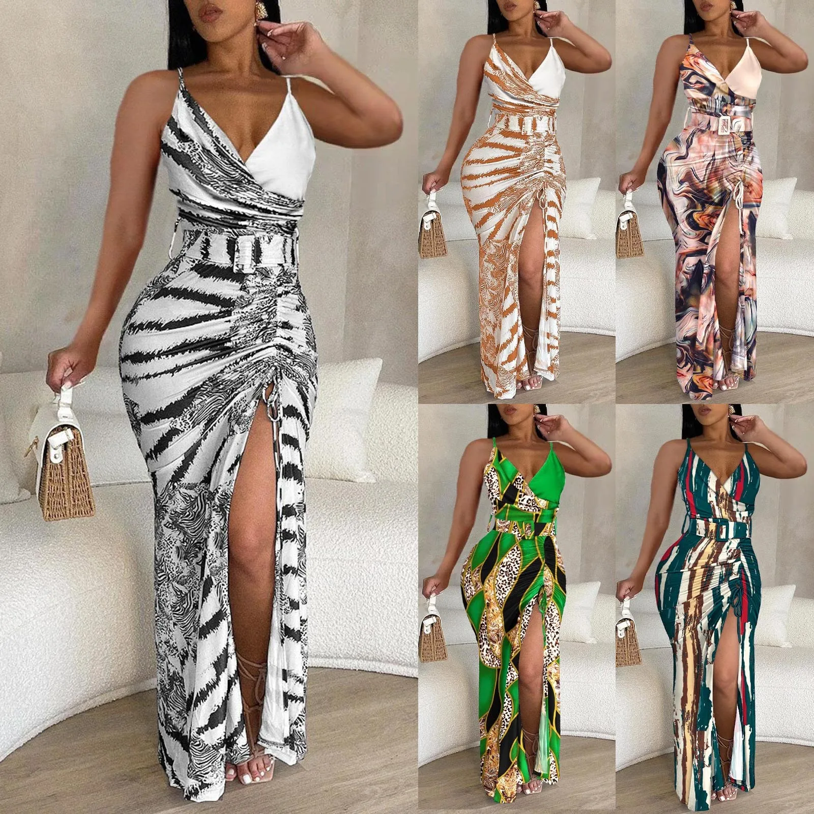 

2024 New Women's Sexy Style Dress Vintage Printed Patchwork V Neck Spaghetti Strap Dress Fashion High Split Party Long Dress