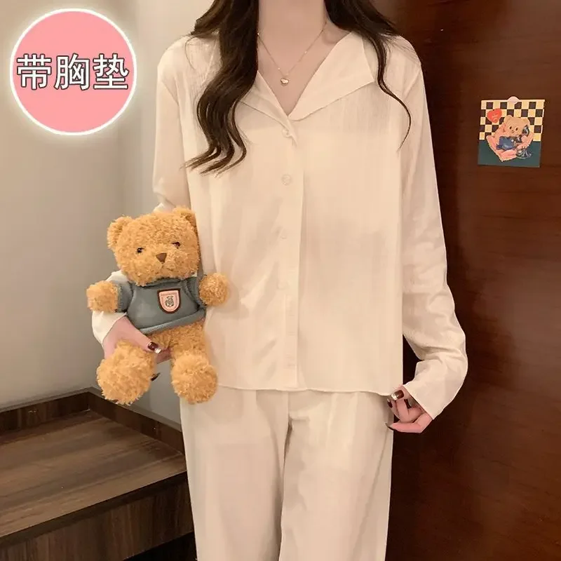 5XL PLUS ขนาดฤดูใบไม้ผลิชุดนอนผู้หญิงผ้าฝ้ายแขนยาว 2 ชิ้นชุดหลวม Loungewear หน้าอก Pads Homesuit สวมใส่ด้านนอก