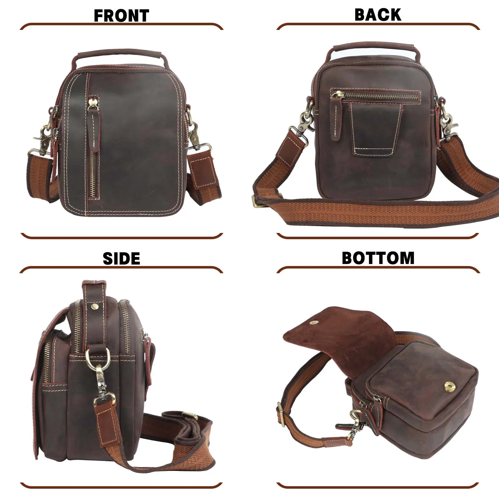 Echtes Leder Vintage Herren Umhängetaschen Crazy Horse Leder Messenger Bag Schultertasche Rindsleder Retro Mode Casual – Detail 7