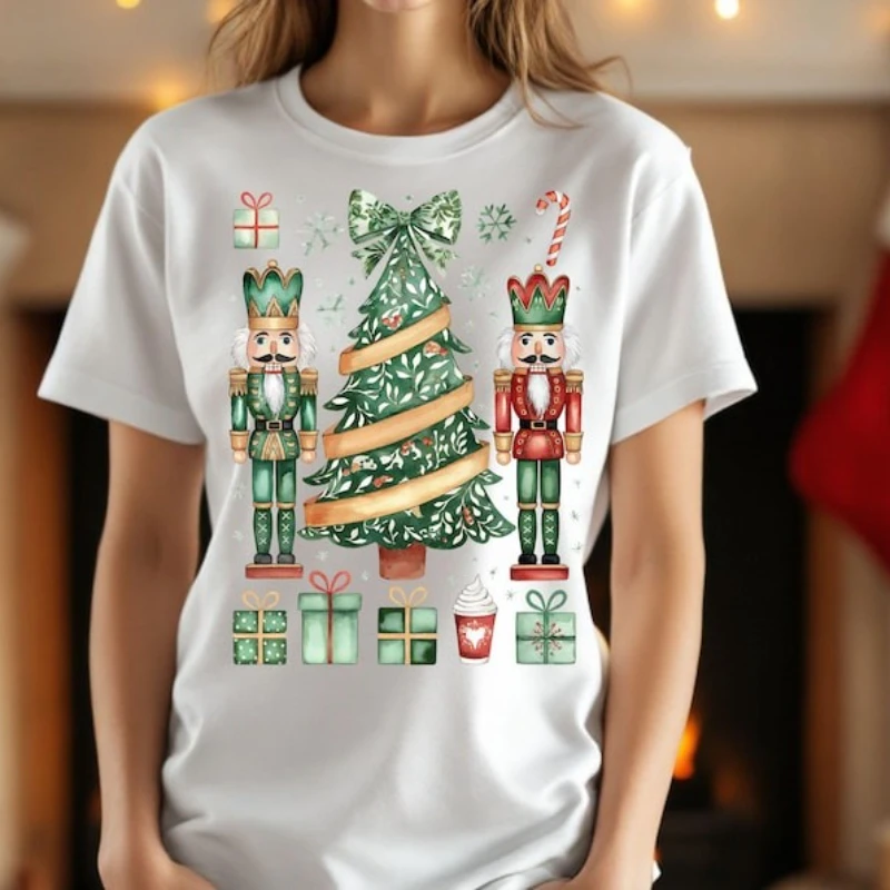 Zabawne Świąteczne Leprechauny Dziadki do Orzechów Przyjaciele Retro Zielona Koszulka Damska Urocze Koszulki z Kreskówkami Bawełniana Koszulka Krótkie Bluzki