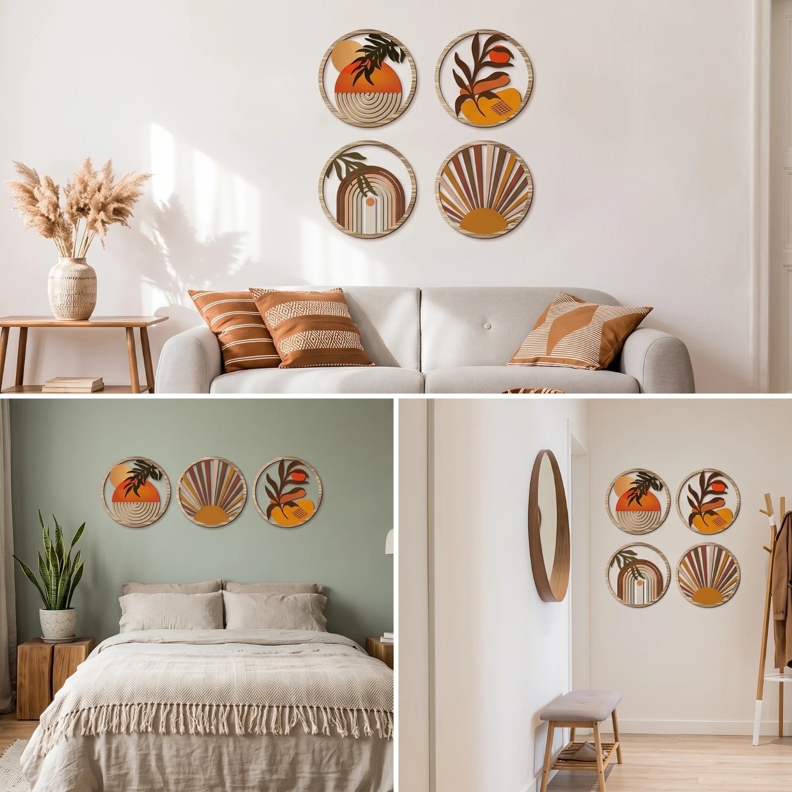 4 Pieces Round Wooden Sign Decorative Printed Wood Plaque Wooden Wall Hanging Rustic Framed Sign Lightweight for Living Room