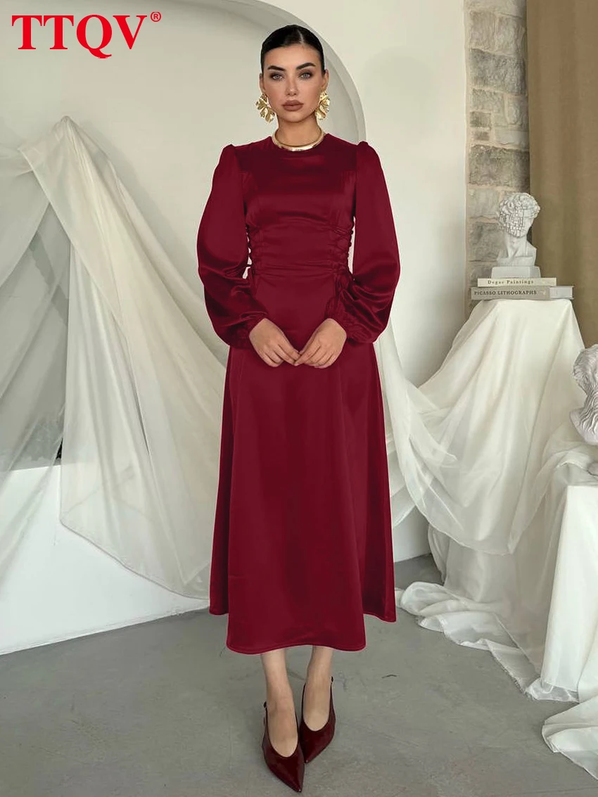

TTQV Fashion Loose Red Satin Women Dress Spring O-Neck Long Sleeve Ankle Length Dresses Elegant Classic High Waist Female Dress