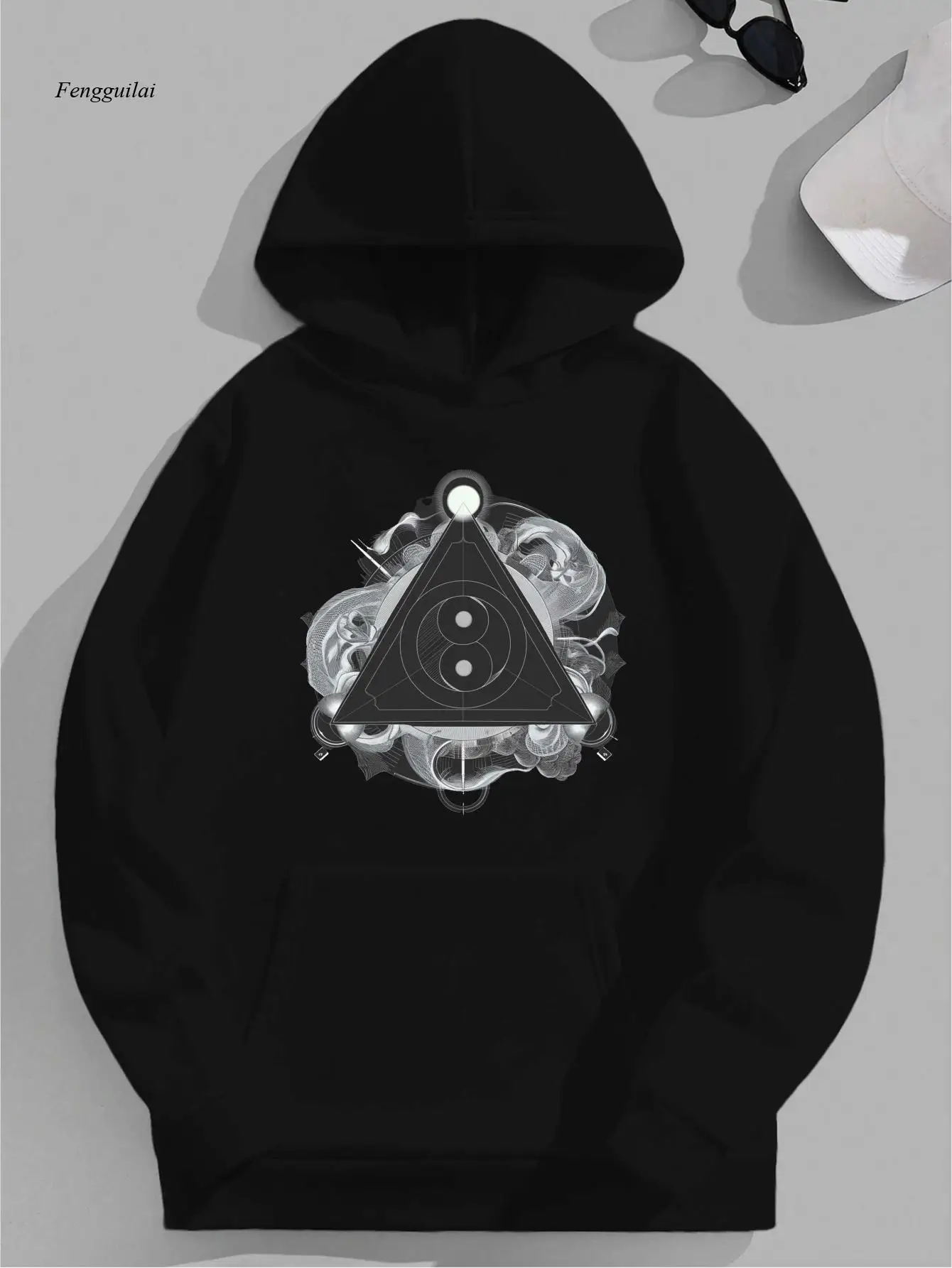 سويت شيرت بقلنسوة Yin Yang مستقبلية - تصميم رمز Yin-Yang، Yin/ Effects، هوديي فضفاض مناسب، يمكن غسلها في الغسالة #2