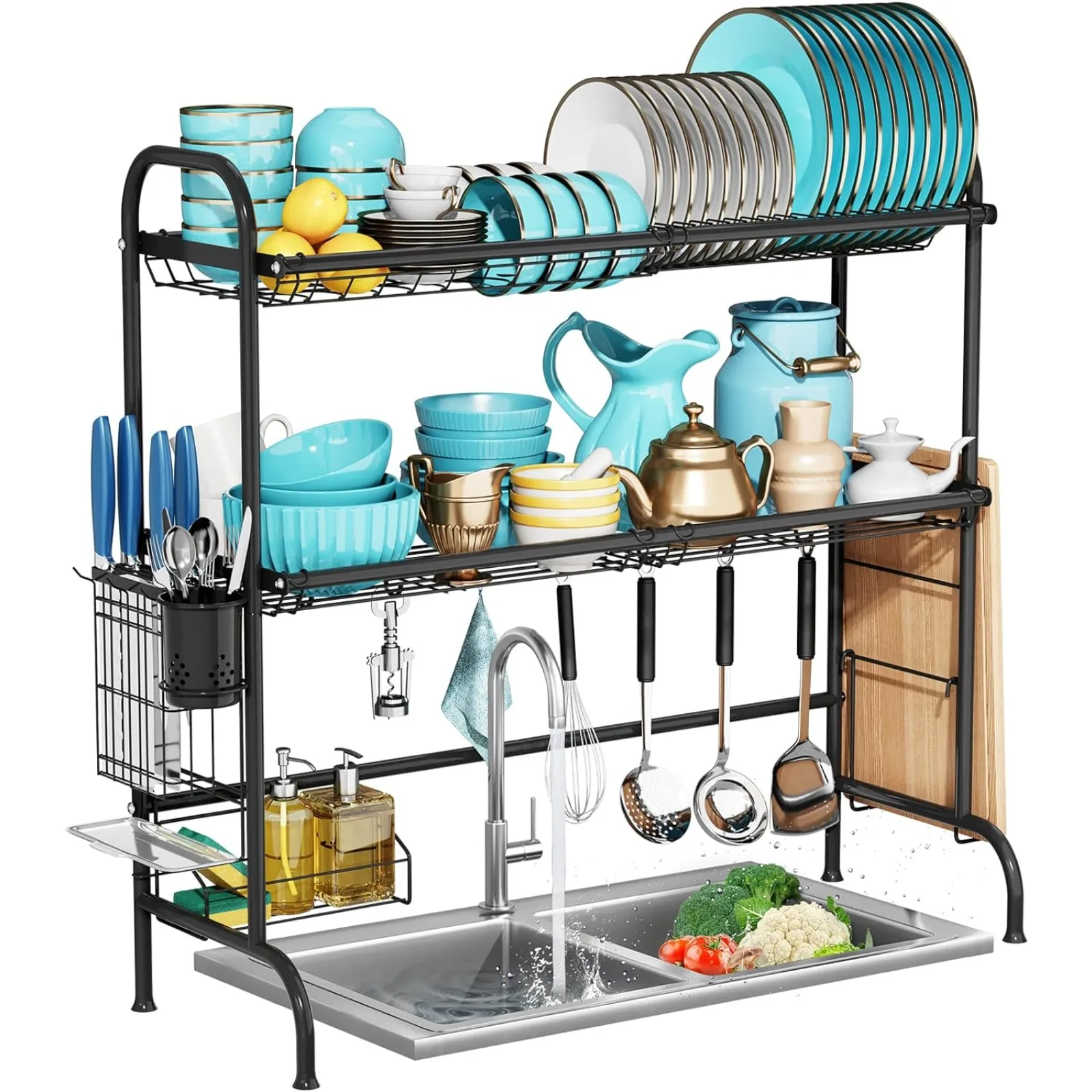 

US MOUKABAL Over The Sink Dish Drying Rack with 2 Tier Utensil Holder,Large Stainless