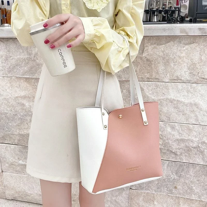 Women\'s Patchwork Leather Tote Bag Contrasting Color Shoulder Bag Pu Leather Women\'s Shopping Bag Casual Large Capacity