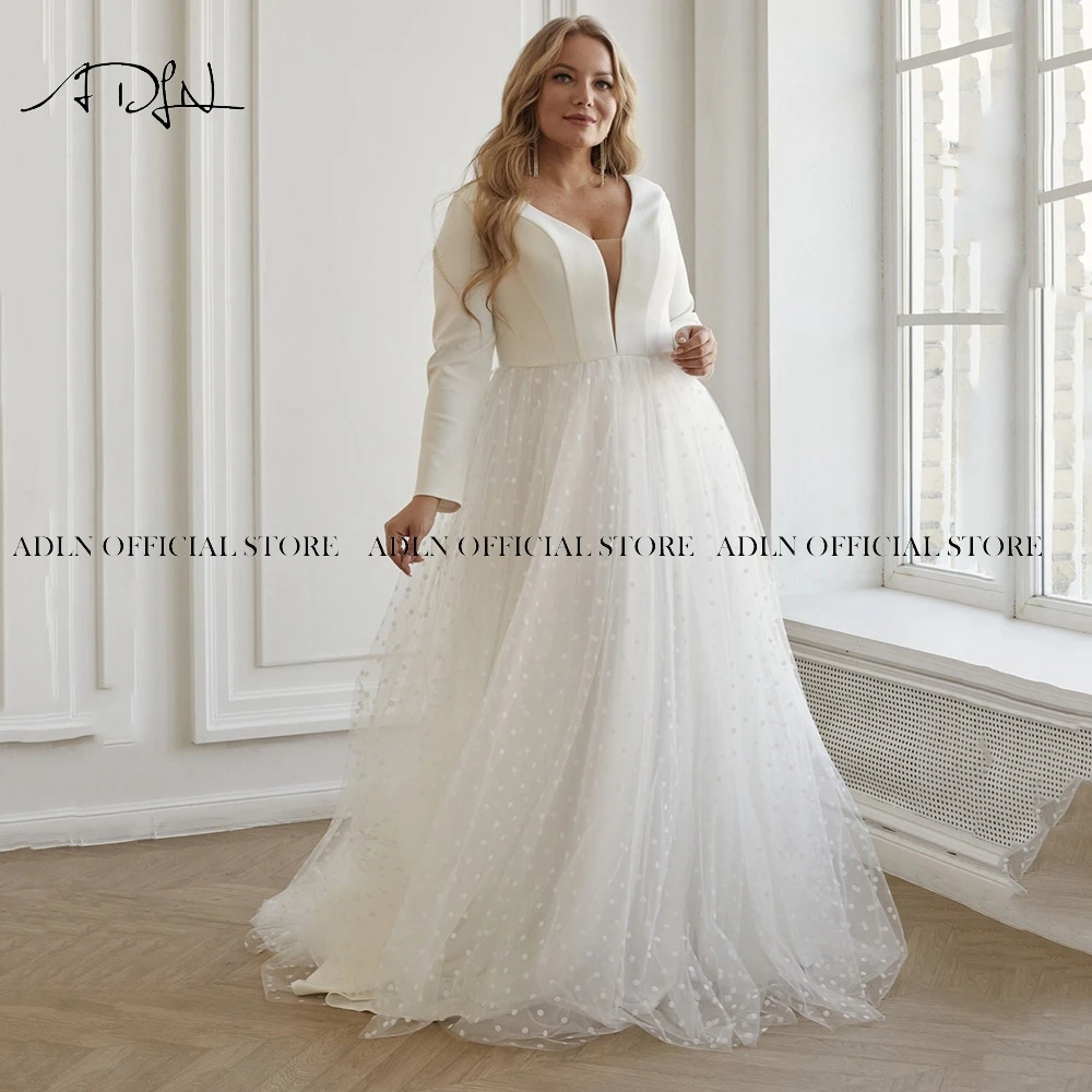 Maniche lunghe modeste abiti da sposa taglie forti scollo a v abito da sposa A-line Dot Tulle abito da sposa Oversize Robe de Mairee