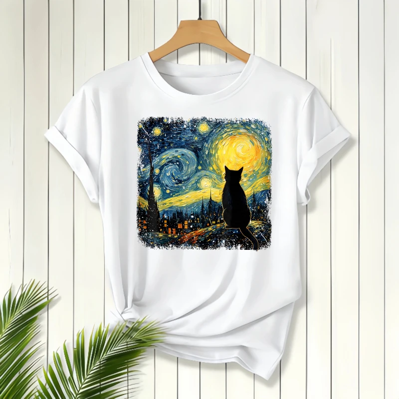 Starry Night Cat Print, Short Sleeve Round Neck, Women's T-Shirt, Casual Wear