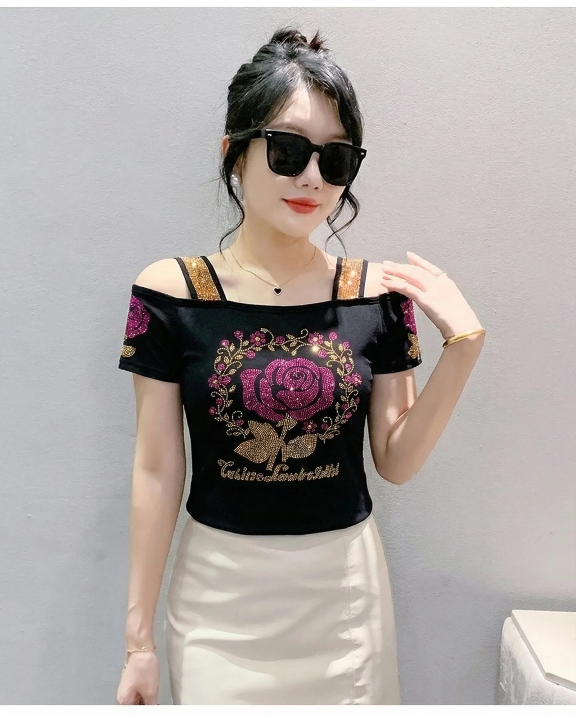 New Designer Hot Diamond Mesh T-Shirt Women Korean Style Sexy Off Shoulder Slim Tee Summer Casual Streetwear Tops