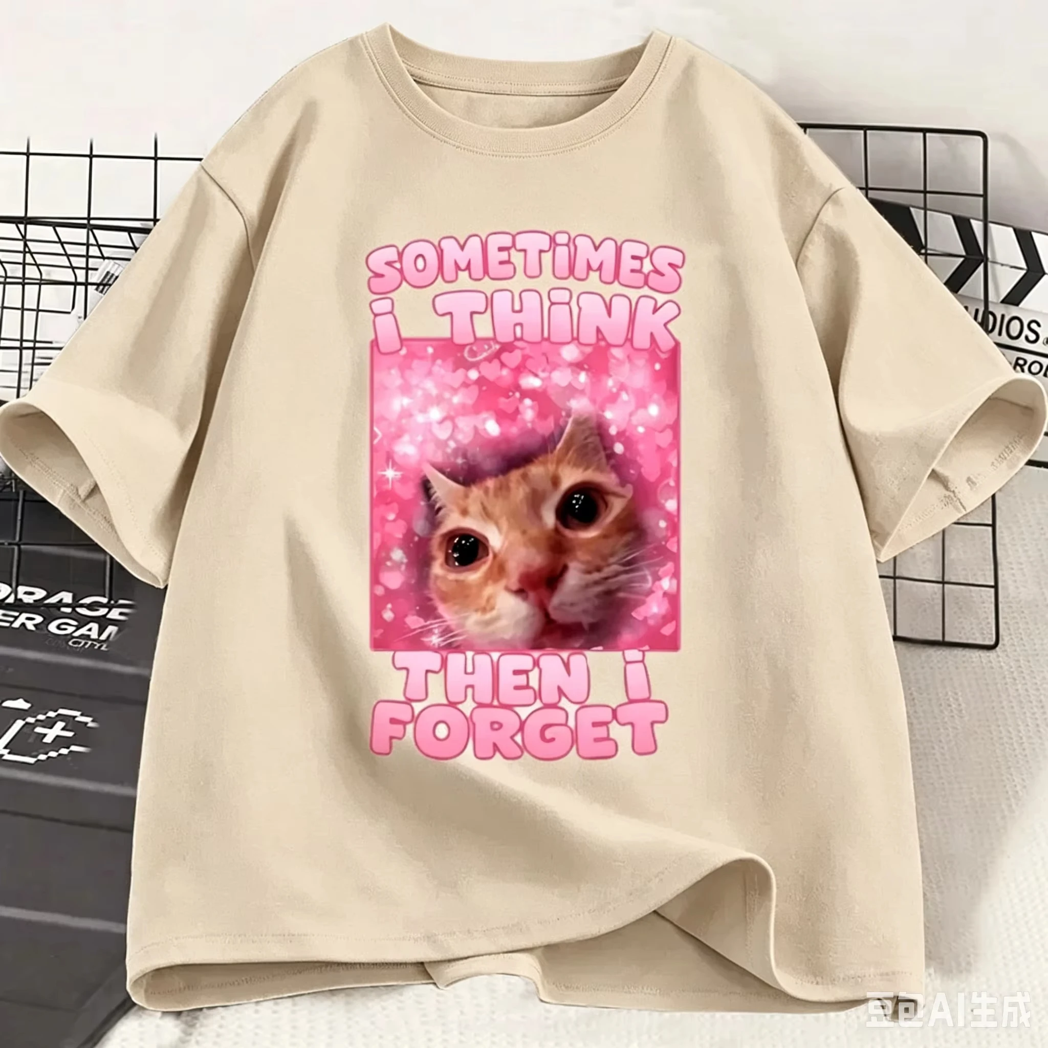 Sometimes I Think Then I Forget Funny Cat Meme T Shirt Men ’s Women Oversized 100% Cotton Short Sleeve Summer Print Unisex Tops