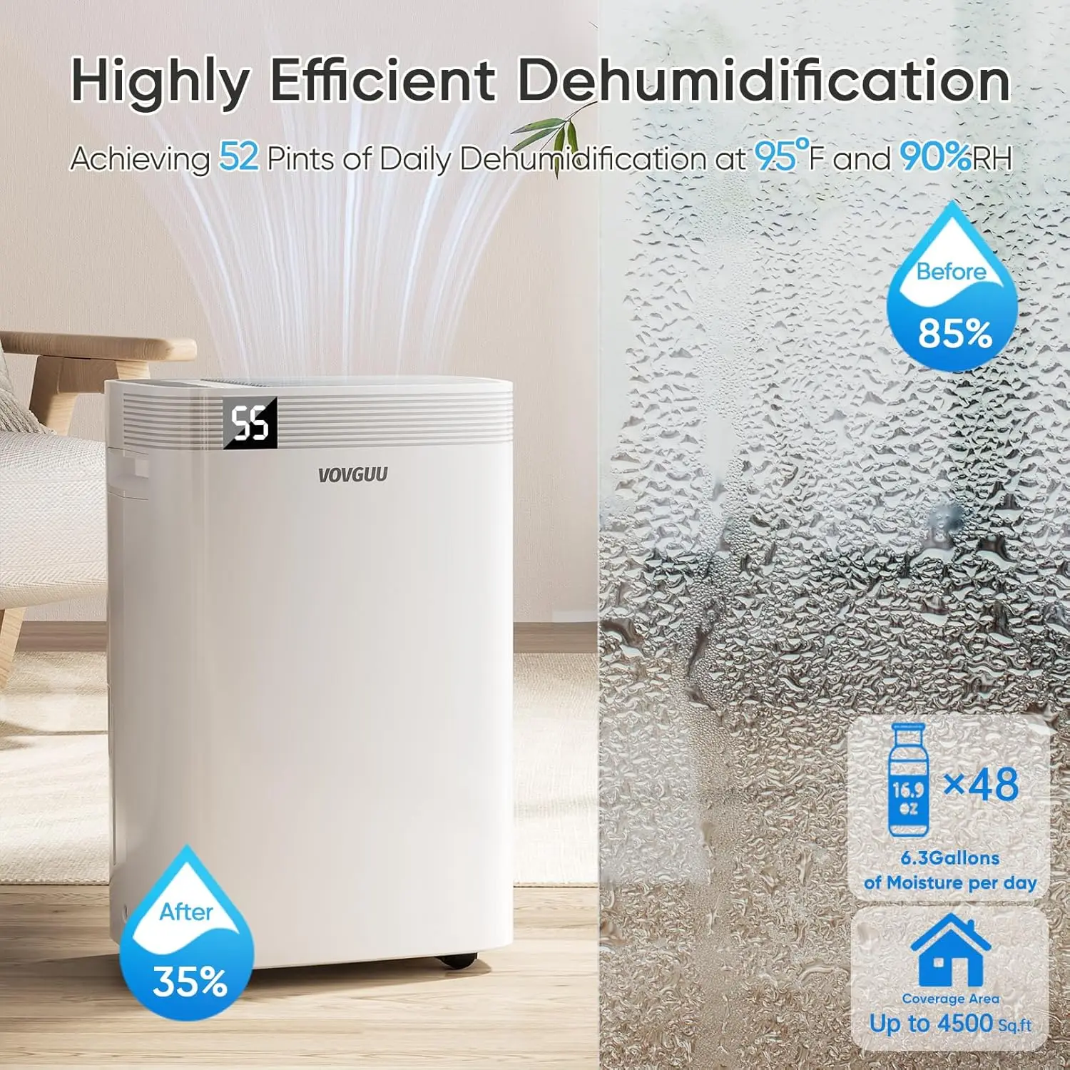 52 Pints Dehumidifier for Basement and Home with Drain Hose & Water Tank, 3 Smart Modes, Humidity Control, Auto Defrost, 24H Tim