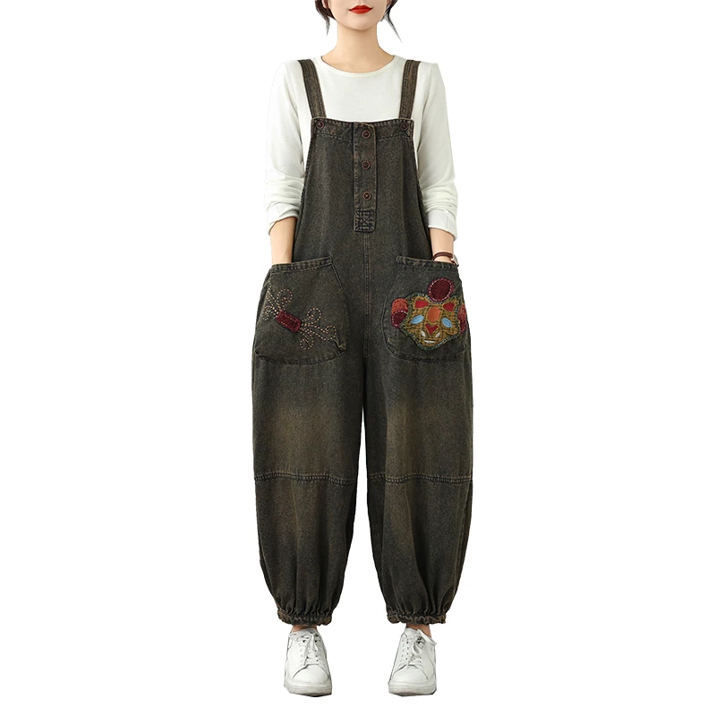 レトロなヘビー刺繍ソフトデニムワイドレッグパンツ大きいサイズカジュアル弾性ウエスト多用途快適な綿混紡ジーンズ