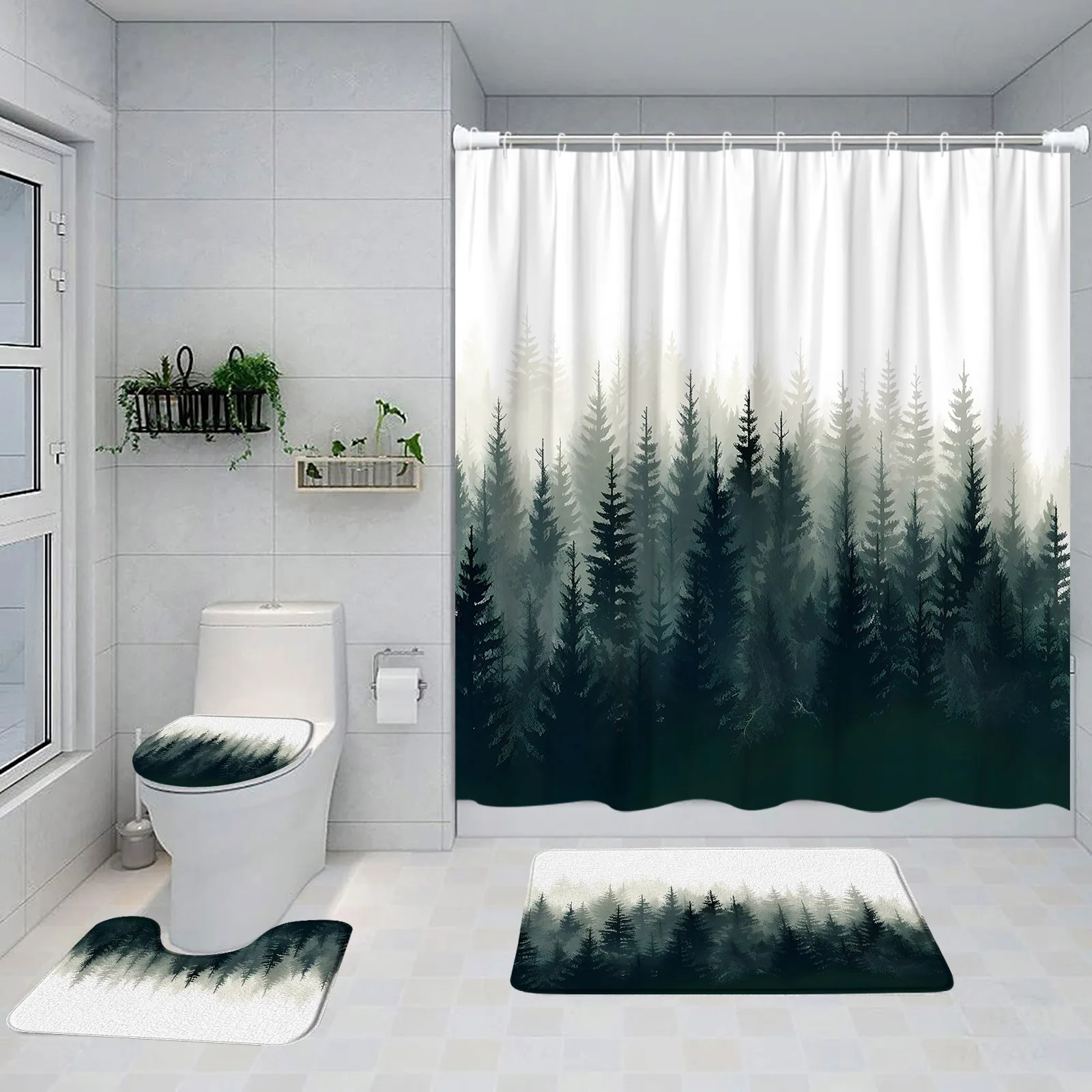 Imagem -06 - Floresta de Nevoeiro de Chuva Conjunto de Cortina de Banho Árvores Natureza Cachoeira Banheiro Decorações Modern Bath Mat Tapete de Casa Tampa do Toalete