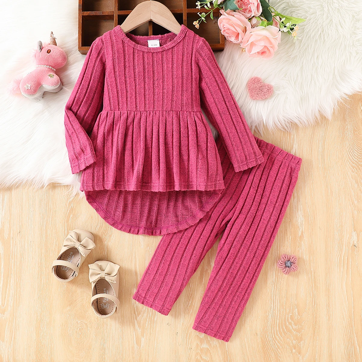 

2Pcs Baby Girl Autumn & Winter Outfit Casual Comfortable Rib Stripe Round Neck Long Sleeve Top & Pants