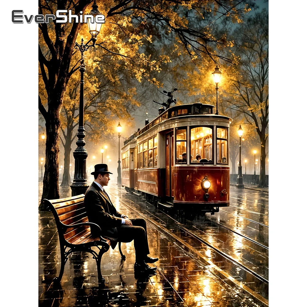 EverShine Diamond Embroidery Street Landscape Rhinestones Painting Man Full Square Drill Mosaic Car Cross Stitch Wall Art