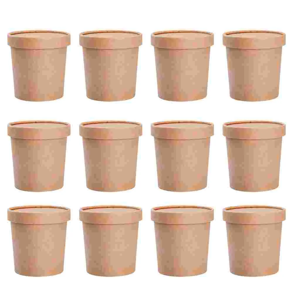 25 Sets Disposable Cowhide Soup Cup Food Containers Pulp Dessert Cups With Lids