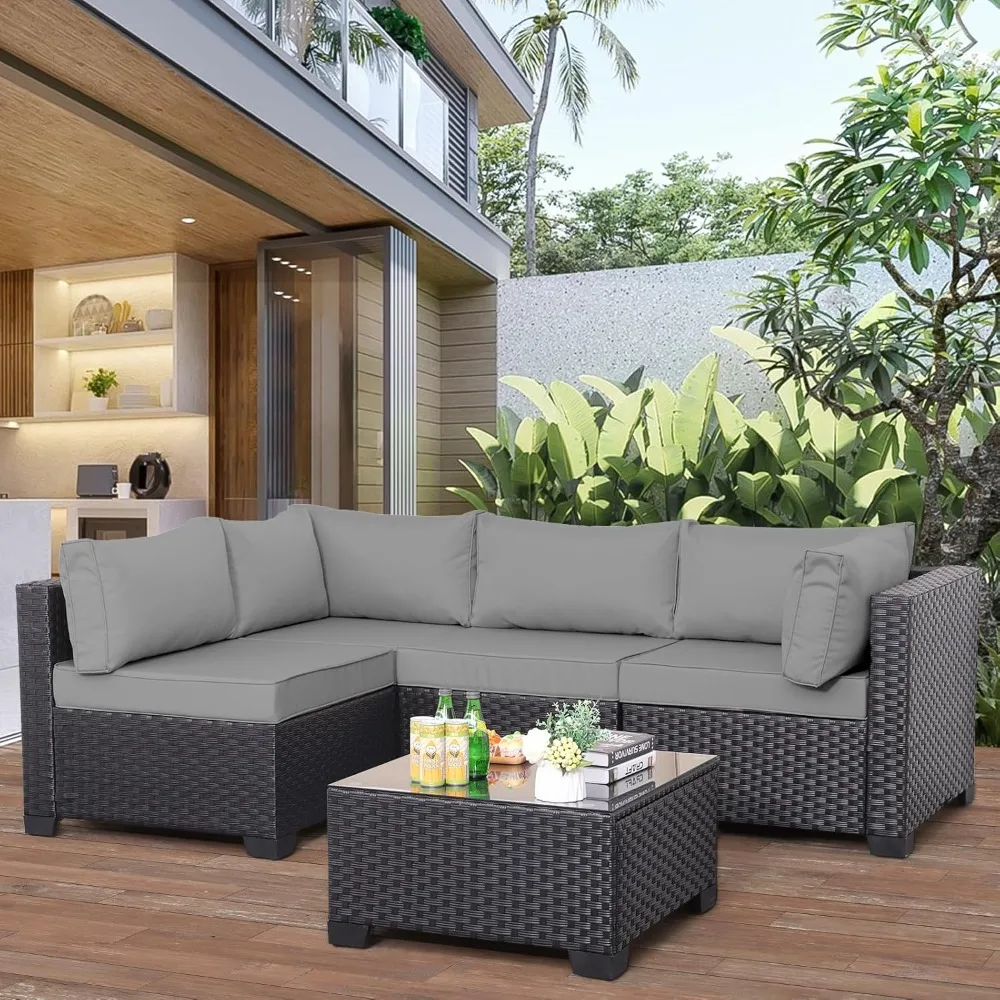 Outdoor Patio PE Wicker 5 Piece Furniture Set, Black Rattan Sectional Conversation Sofa Chair with Coffee Table, Grey Cushion