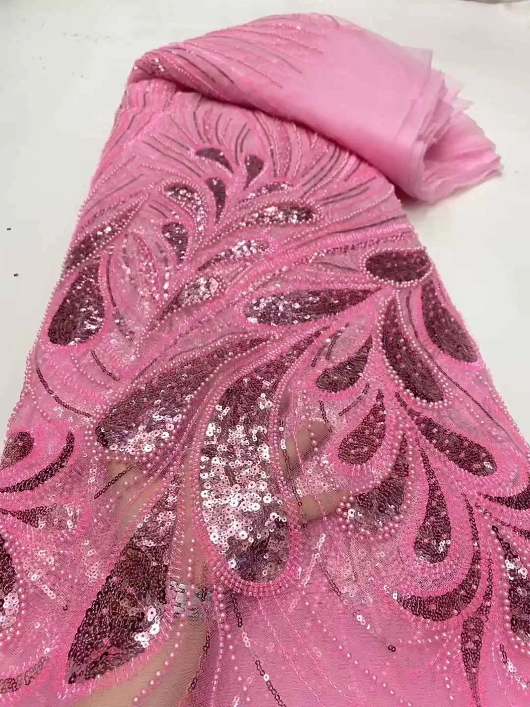 

African Lace Fabric Sequins Beaded Embroidery Groom Nigerian Bridal French Tulle Lace Fabric For Wedding