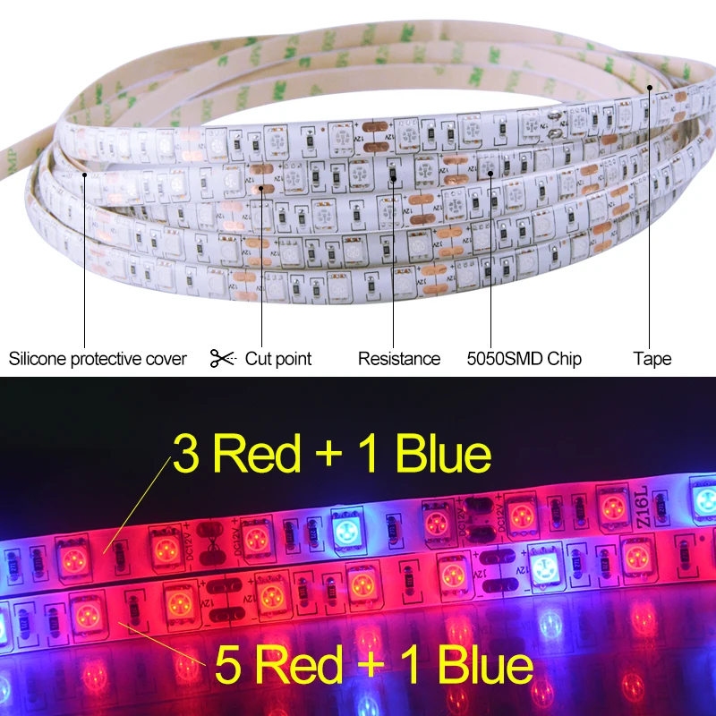 LED Phyto Lamp Strip 5050SMD 5M DC12V Full Spectrum Grow Lights Waterproof Bulbs For Vegetable Flower Seedling Grow Tent