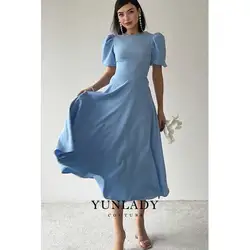 YUNLAN Temperament Light Blue A-Line Round Neck Dress 2024 Dubai Lady Important Occasion Dress Muslim Birthday Party Dress