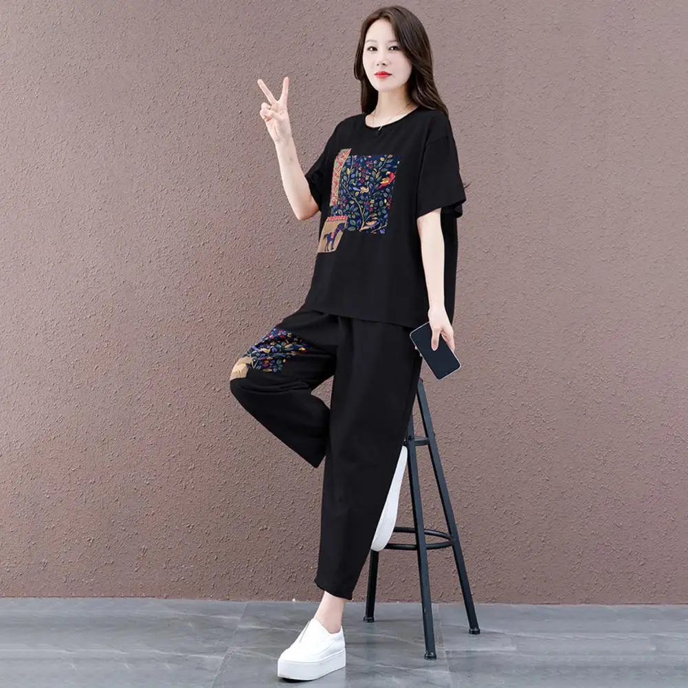 2Pcs/Set Popular Leisure Tracksuit  Pockets Breathable Top Pants Set  Summer Printing Mid-aged Mother Outfit