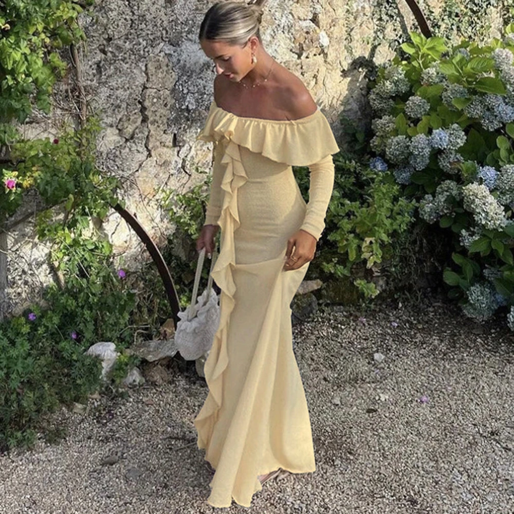 Vestido largo drapeado de manga larga con hombros descubiertos y abertura lateral para mujer, moda modesta de verano