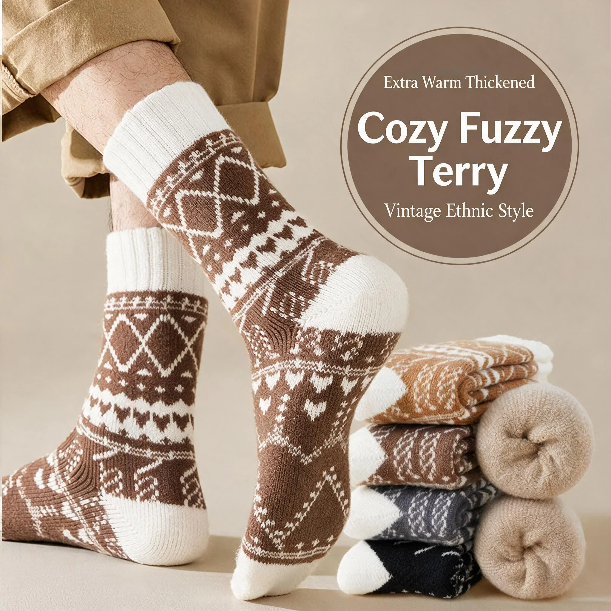 Men's and women's autumn and winter thick woolen loop mid tube socks, winter cold resistant sleep breathable artistic retro sock