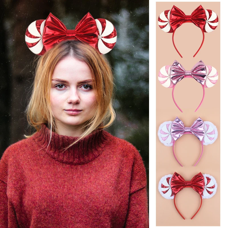 

2024 New Girls Christmas Mouse Ears Headband Size Sequin Bow Headband Holiday Party DIY Hair Accessories Gift