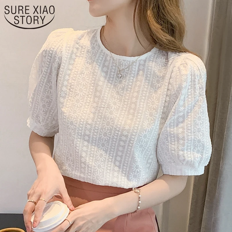 Korean Embroidery Floral Blouse Women Summer New Sweet Loose Lace Shirt Women's 2024 Short Sleeve O Neck Casual White Tops 15217