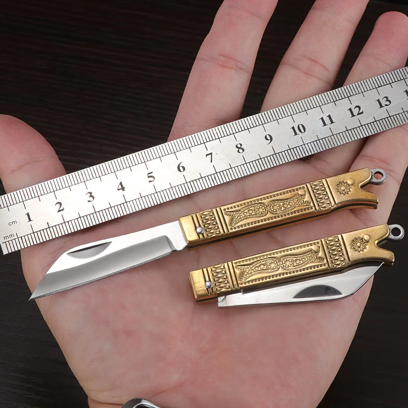 Brass Mini Folding Knife Sharp Unboxing Fruit Knife Outdoor Self-Defense Keychain Pendant Gift Small Blade EDC Camping Tool