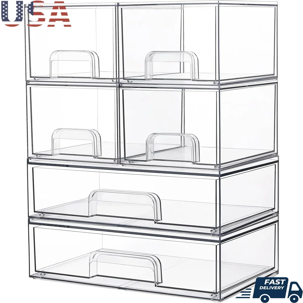

Clear Plastic Stackable Storage Drawers Set of 6 Organizers Ideal Bathroom Kitchen Pantry Laundry Room Office Craft Room