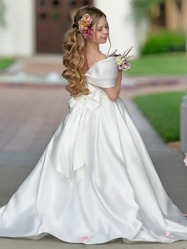 Vestidos de niña de flores de satén blanco con lazo de manga corta para boda, fiesta de cumpleaños, banquete, vestido de princesa de comunión personalizado