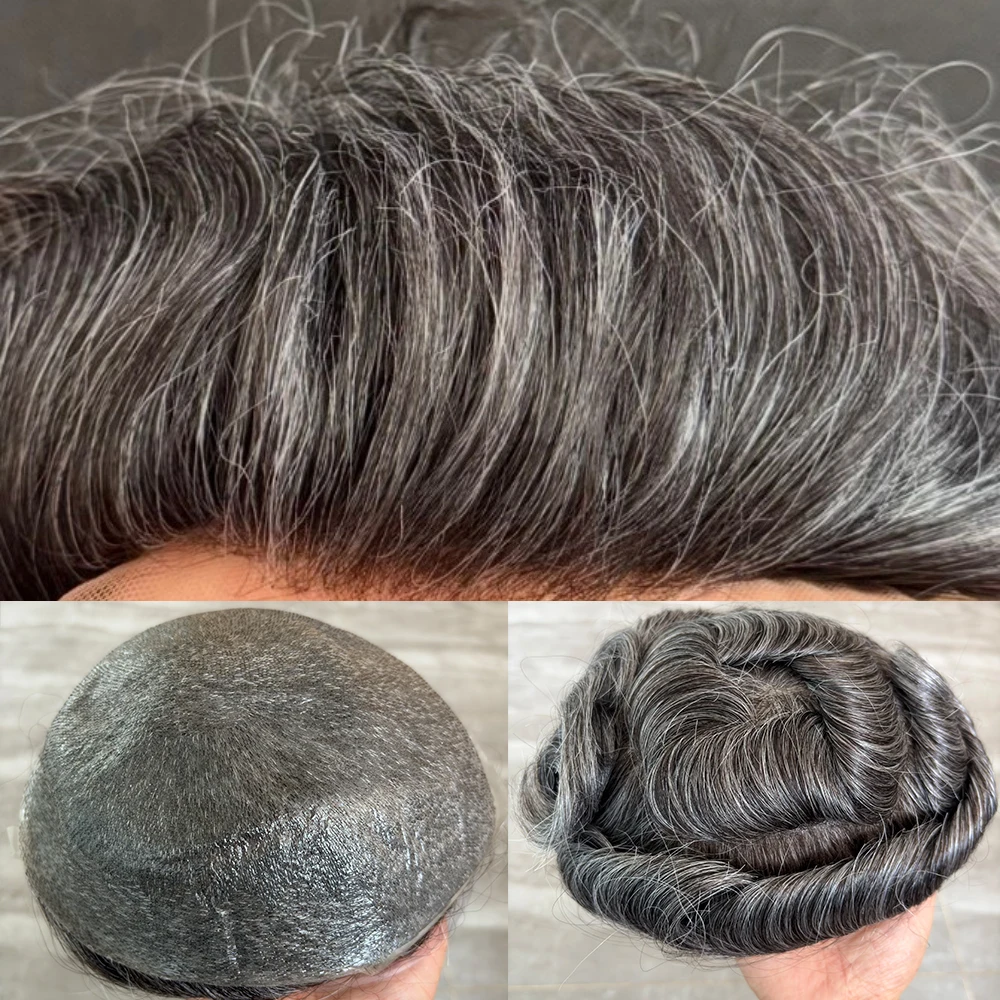 Men Human Hair Toupee 0.02mm Ultra Thin Skin Base #1b50 Grey Men Hair Replacement System Capillary Prosthesis Natural Hairline
