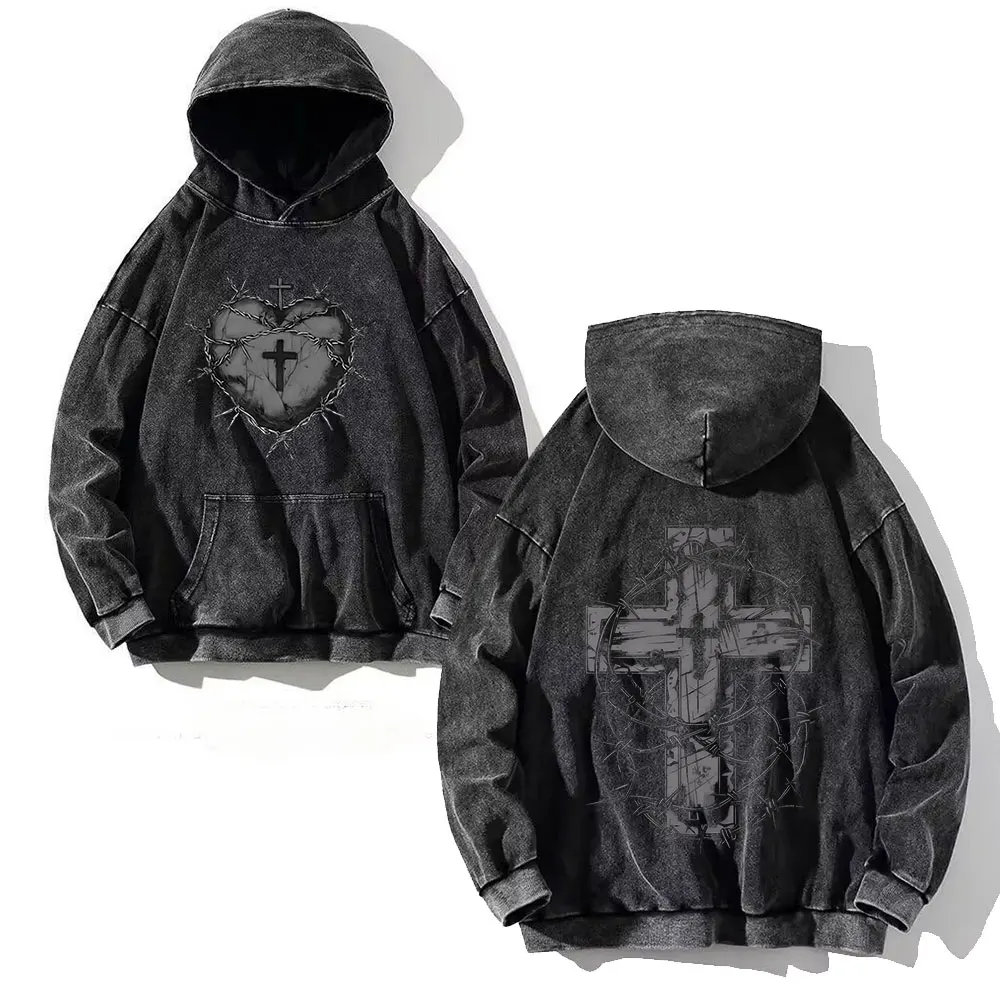 Y2K Washed Hoodies Vintage Cotton Women Men Skull Cross Print Hooded Sweatshirts Oversize Hip Hop Male Pullover Winter Clothes image 2